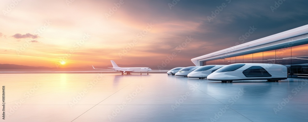 Obraz premium Futuristic airport with sleek vehicles at sunset.