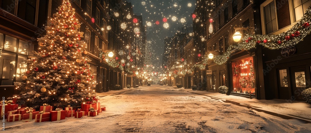 A Christmas tree is in the middle of a snowy street A Christmas tree is in the middle of a snowy street