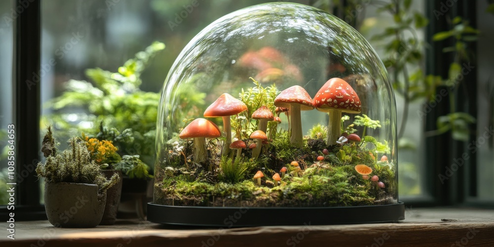 Elegant mushroom terrarium with a glass dome and intricate ecosystem, cozy and natural, Elegant mushroom terrarium with a glass dome and intricate ecosystem, cozy and natural,