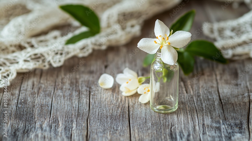 A single jasmine flower in a glass vial, isolated on a rustic wooden table with vintage lace accents A single jasmine flower in a glass vial, isolated on a rustic wooden table with vintage lace accents