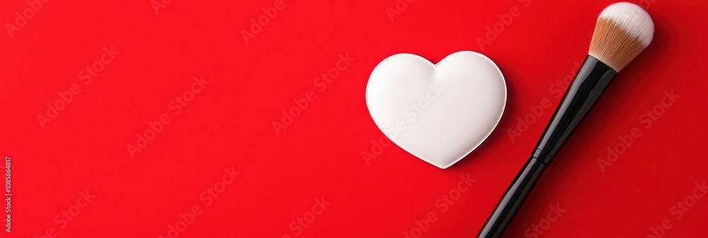 A makeup brush is placed on a red background with a white heart. The brush is black and the heart is made of a white material. Concept of love and beauty A makeup brush is placed on a red background with a white heart. The brush is black and the heart is made of a white material. Concept of love and beauty