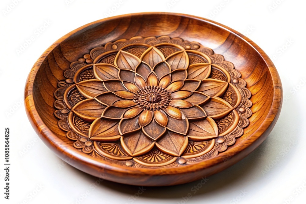 Close-up wooden dish with abstract flower pattern Close-up wooden dish with abstract flower pattern