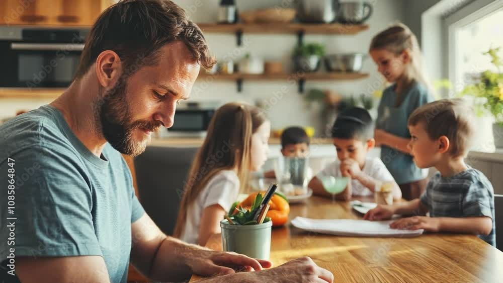 A man sits at a table with his family, looking at his laptop A man sits at a table with his family, looking at his laptop