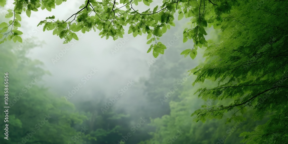 Fototapeta premium A forest with a misty sky and a tree with leaves. The leaves are green and the sky is cloudy