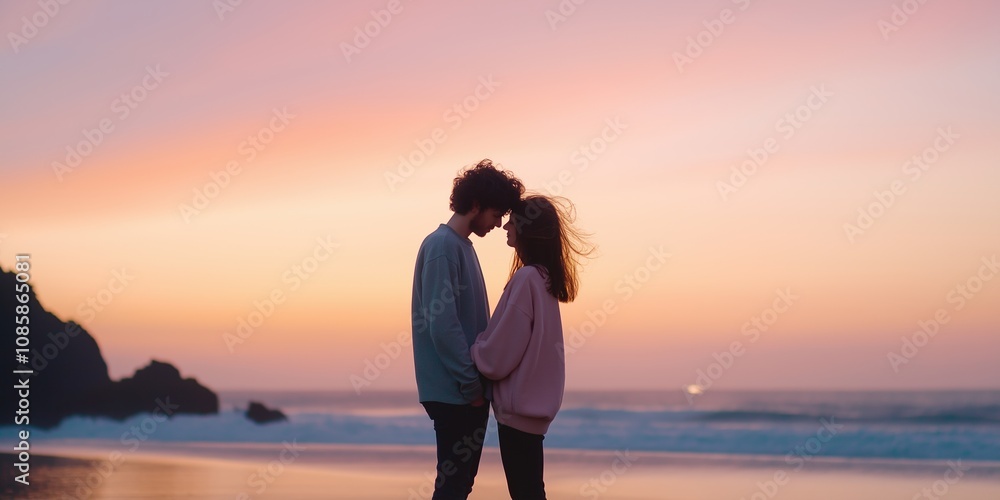 A couple standing on a beach at sunset, holding hands. Scene is romantic and peaceful A couple standing on a beach at sunset, holding hands. Scene is romantic and peaceful