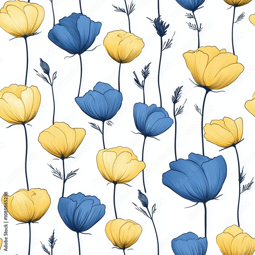 Obraz premium Vertical blue and yellow flowers with delicate stems, seamless pattern