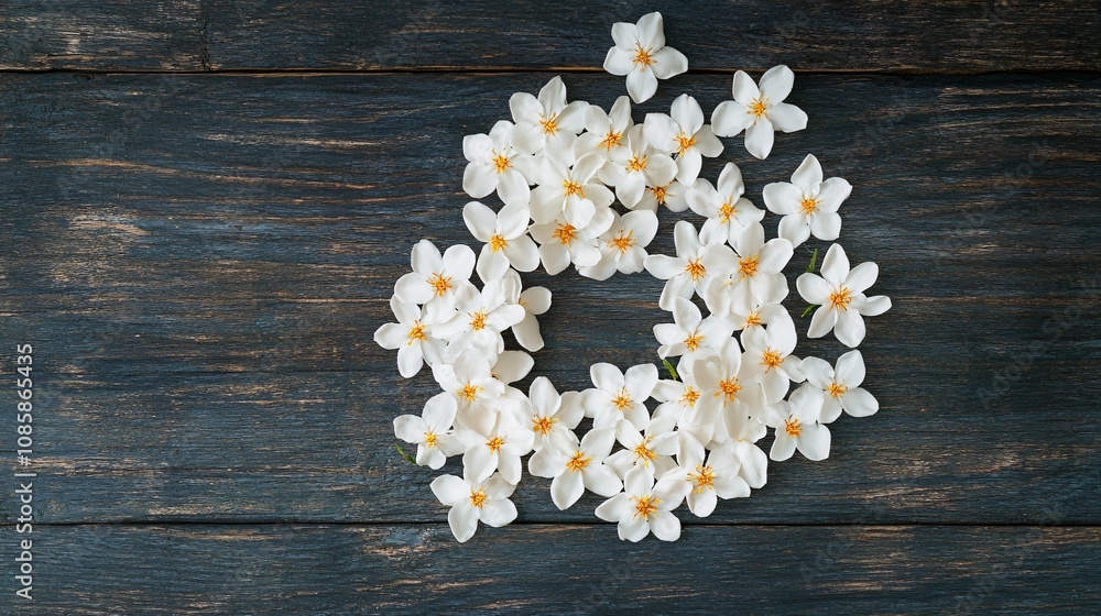 Obraz premium Cluster of jasmine flowers arranged in a spiral pattern, isolated on a dark wood surface