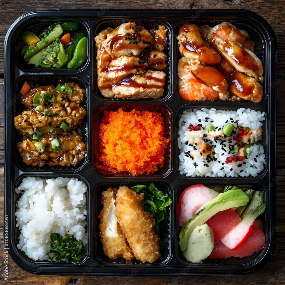 Asian food, top view of a disposable bento box with many sections Asian food, top view of a disposable bento box with many sections