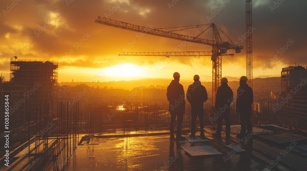 Three construction workers silhouetted against a sunset, overlooking a cityscape and construction site. Three construction workers silhouetted against a sunset, overlooking a cityscape and construction site.