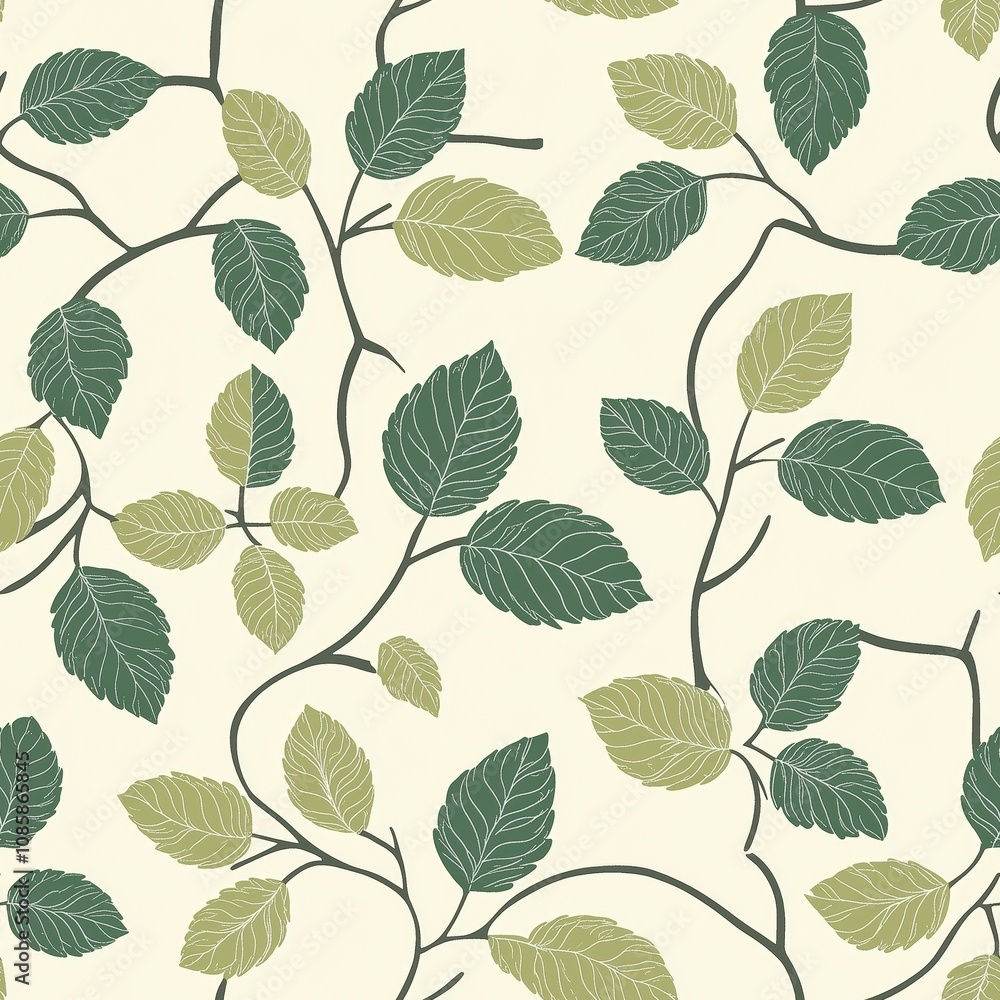 Intertwined green leaves and branches on beige background, seamless pattern Intertwined green leaves and branches on beige background, seamless pattern