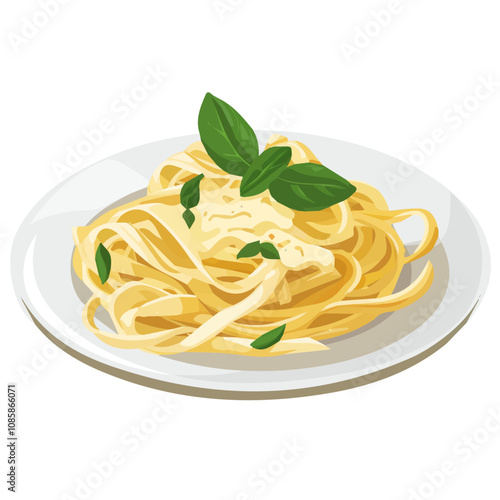 Simple flat 2D illustration of fettuccine alfredo isolated on a white background, ai, flat 2d design,  ideal for animation, UI/UX design, mobile apps, web design, digital illustrations
