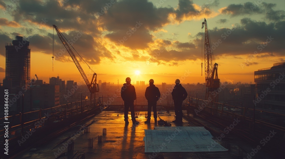 Fototapeta premium Three construction workers silhouetted against a vibrant sunset cityscape, observing blueprints on a rooftop.