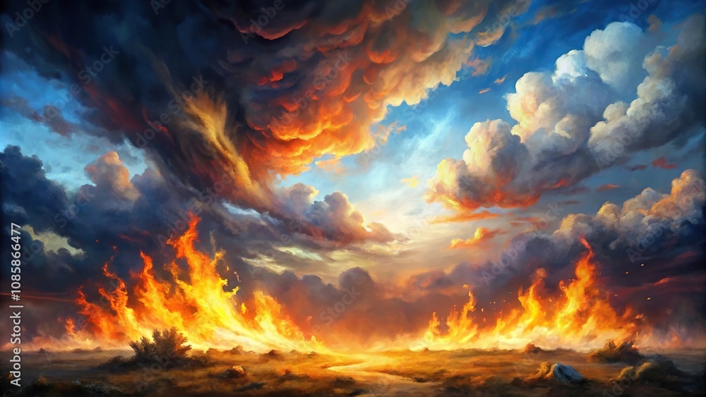 Cloudy sky with fire in the mid Long Shot Cloudy sky with fire in the mid Long Shot