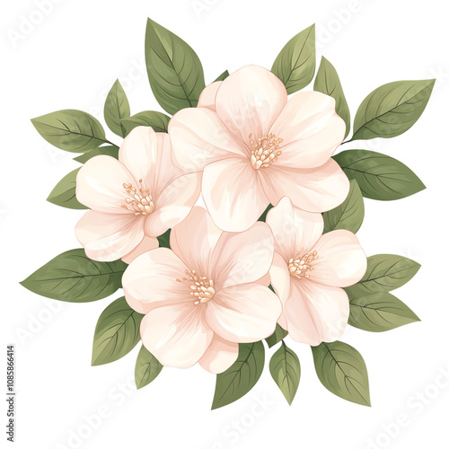 Delicate pink flowers with green leaves on a white isolate background. transparent background