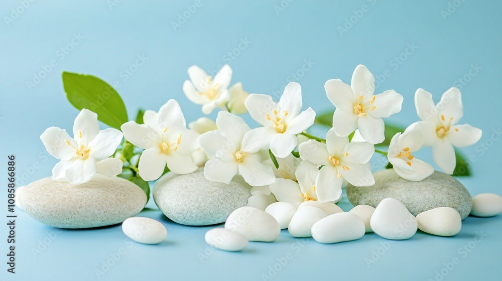 Jasmine flowers and small white pebbles, isolated on a soft pastel blue background Jasmine flowers and small white pebbles, isolated on a soft pastel blue background