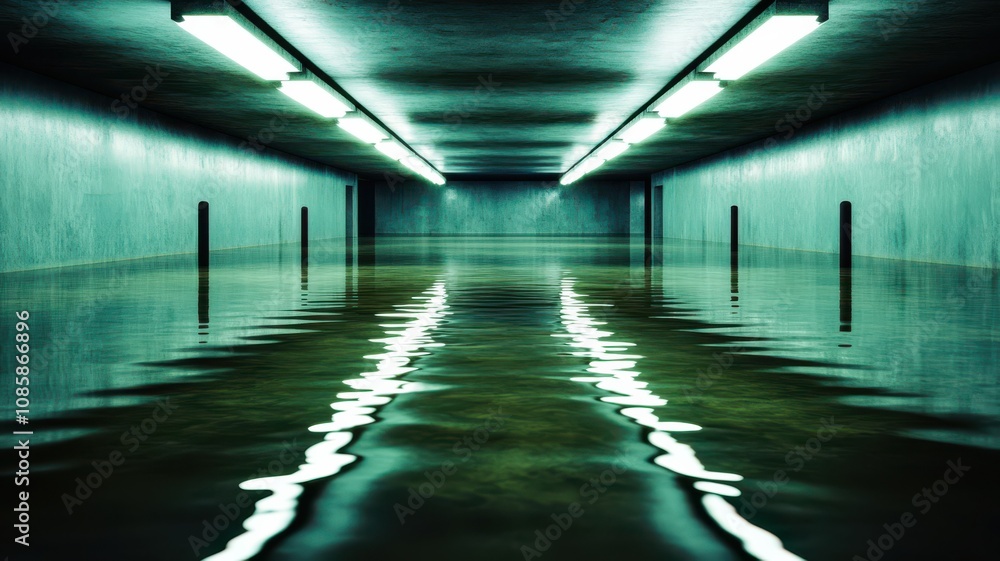 Fototapeta premium Flooded underground space with reflective water.