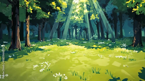 A digital painting depicts a lush forest scene