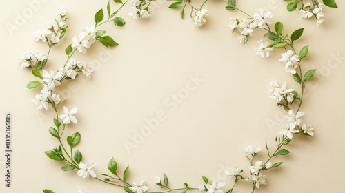 Jasmine flowers and leaves forming a small wreath, isolated on a soft cream background