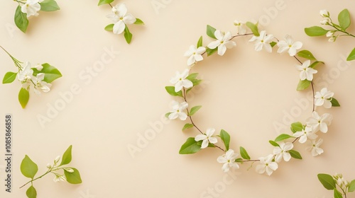 Jasmine flowers and leaves forming a small wreath, isolated on a soft cream background