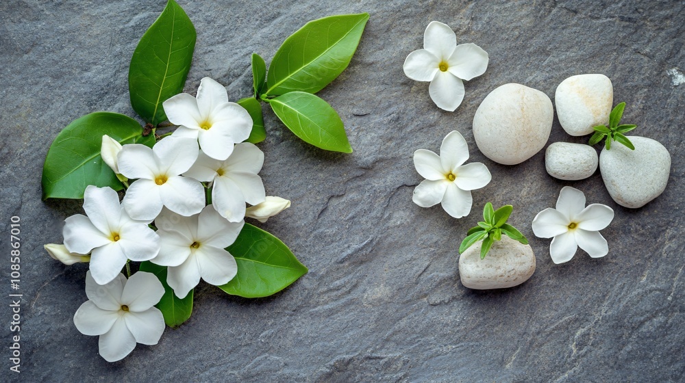 Jasmine flowers arranged in a fan pattern, with sprigs of green leaves, isolated on a stone background Jasmine flowers arranged in a fan pattern, with sprigs of green leaves, isolated on a stone background