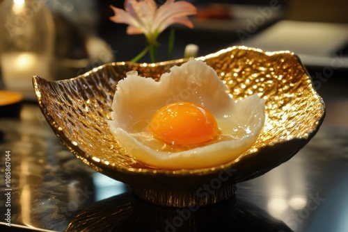 Raw egg yolk resting in delicate white nest on golden plate photo