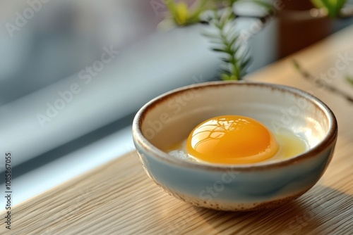 Fresh raw egg yolk in rustic bowl sitting on wooden table