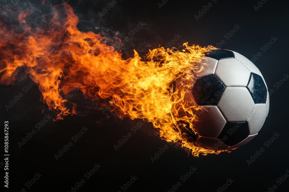 Fototapeta premium Classic soccer ball in flames flying through the air