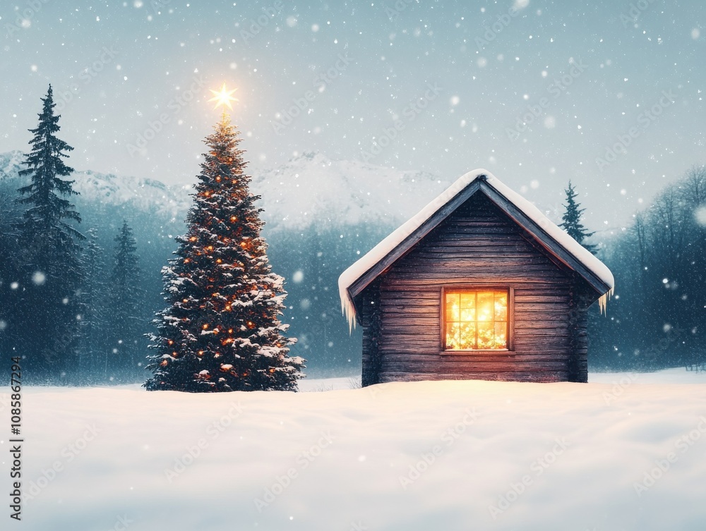 Naklejka premium Cozy cabin in winter snow with Christmas tree.