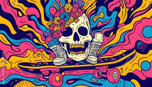 Ilustración de una calavera sobre un skate en movimiento, con detalles llamativos y estilo creativo, ideal para conceptos urbanos y juveniles.