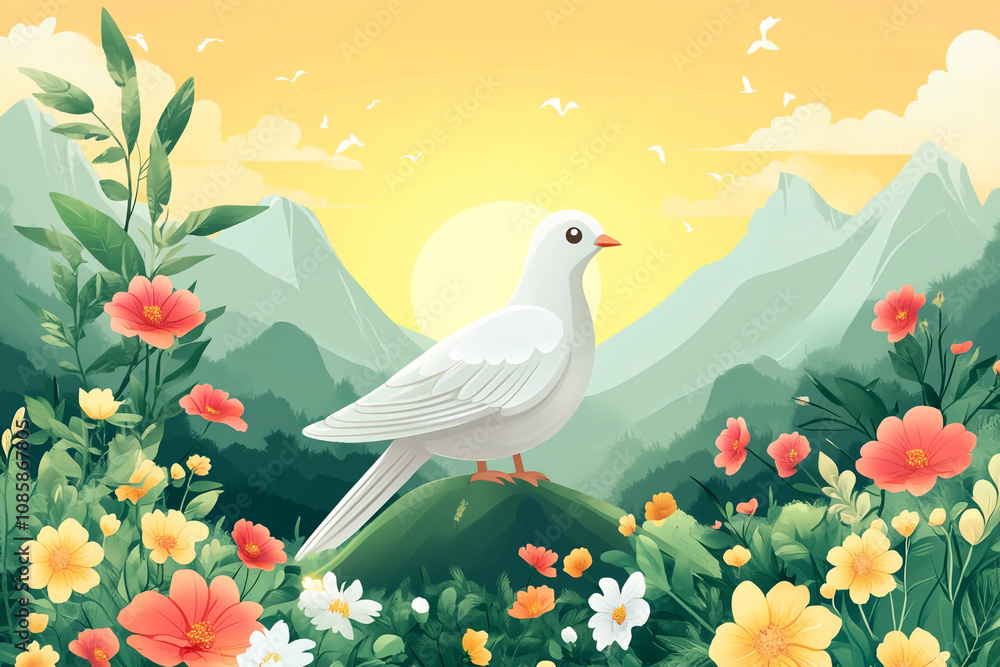 White Dove Perched on Hilltop Amidst Blooming Flowers and Mountains White Dove Perched on Hilltop Amidst Blooming Flowers and Mountains