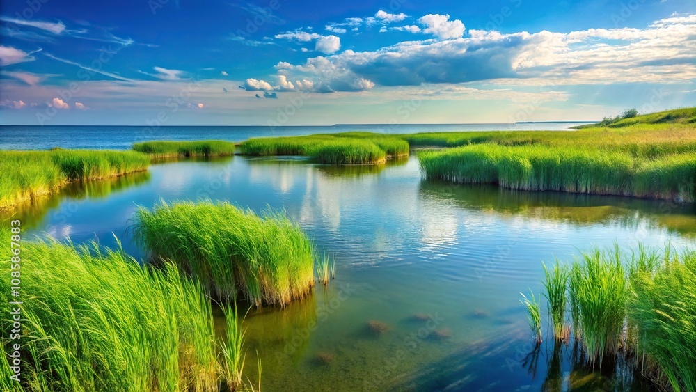 Coastal landscape with green grasses and reeds reflected in the shallows Coastal landscape with green grasses and reeds reflected in the shallows
