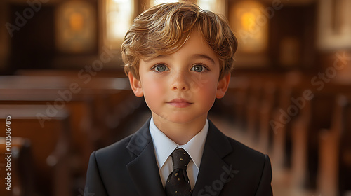 Portrait of elegant pageboy wearing suit and tie in church photo