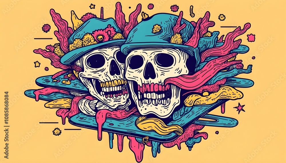 Ilustración de una calavera sobre un skate en movimiento, con detalles llamativos y estilo creativo, ideal para conceptos urbanos y juveniles. Ilustración de una calavera sobre un skate en movimiento, con detalles llamativos y estilo creativo, ideal para conceptos urbanos y juveniles.