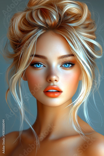 A woman with blonde hair and blue eyes is wearing orange lipstick. She has a very pretty and attractive face