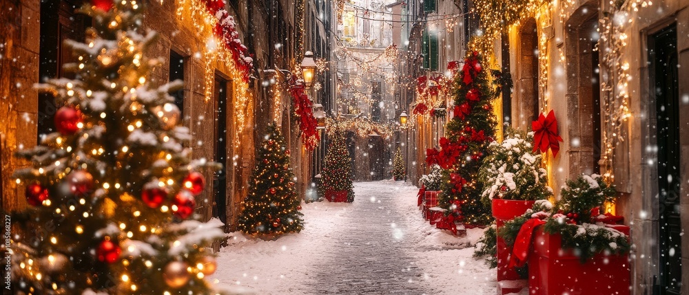 A street is decorated with Christmas trees and lights A street is decorated with Christmas trees and lights