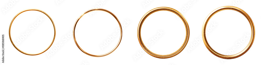 Four golden rings arranged in a row on a white isolated background. transparent background Four golden rings arranged in a row on a white isolated background. transparent background