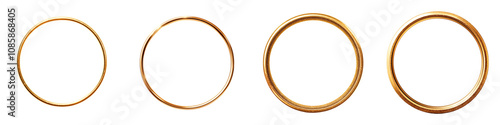 Four golden rings arranged in a row on a white isolated background. transparent background