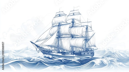 A three masted sailing ship navigates rough ocean waves