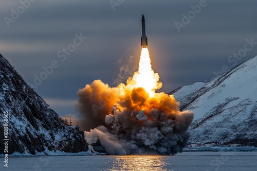 Vivid capture of submarine launching nuclear intercontinental ballistic missile at sea