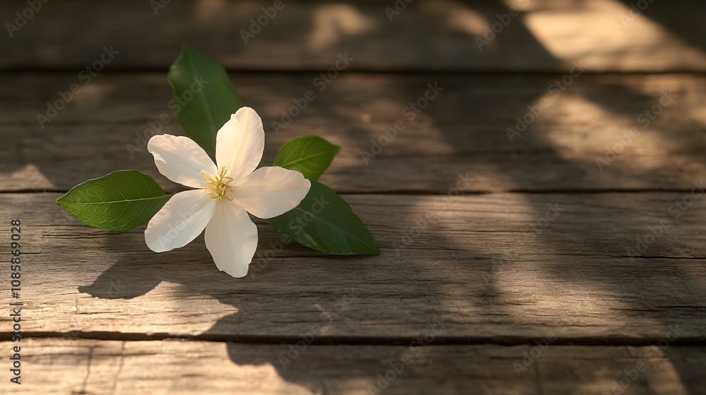 Single jasmine flower with green leaves, gently placed on a rustic wood surface with soft shadows Single jasmine flower with green leaves, gently placed on a rustic wood surface with soft shadows