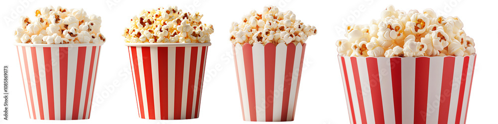 Four popcorn containers with varying sizes, white isolated background. transparent background Four popcorn containers with varying sizes, white isolated background. transparent background