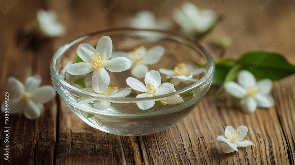 Tiny jasmine blossoms in a glass bowl with water, on a rustic wooden surface with soft lighting Tiny jasmine blossoms in a glass bowl with water, on a rustic wooden surface with soft lighting