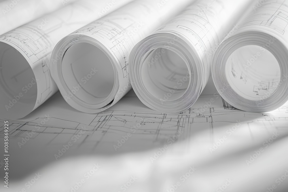 Architectural blueprints and design rolls capturing the essence of construction planning Architectural blueprints and design rolls capturing the essence of construction planning