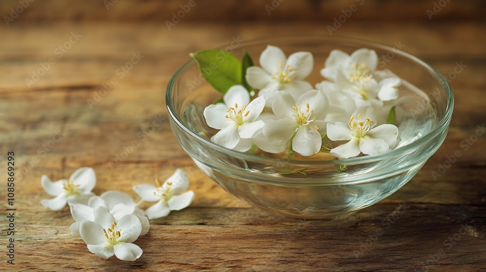 Tiny jasmine blossoms in a glass bowl with water, on a rustic wooden surface with soft lighting Tiny jasmine blossoms in a glass bowl with water, on a rustic wooden surface with soft lighting