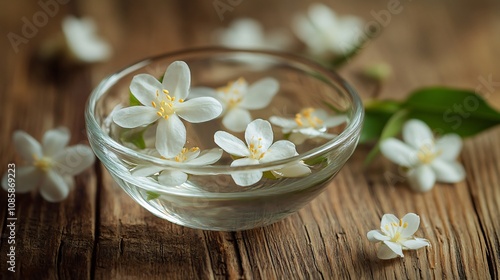 Tiny jasmine blossoms in a glass bowl with water, on a rustic wooden surface with soft lighting