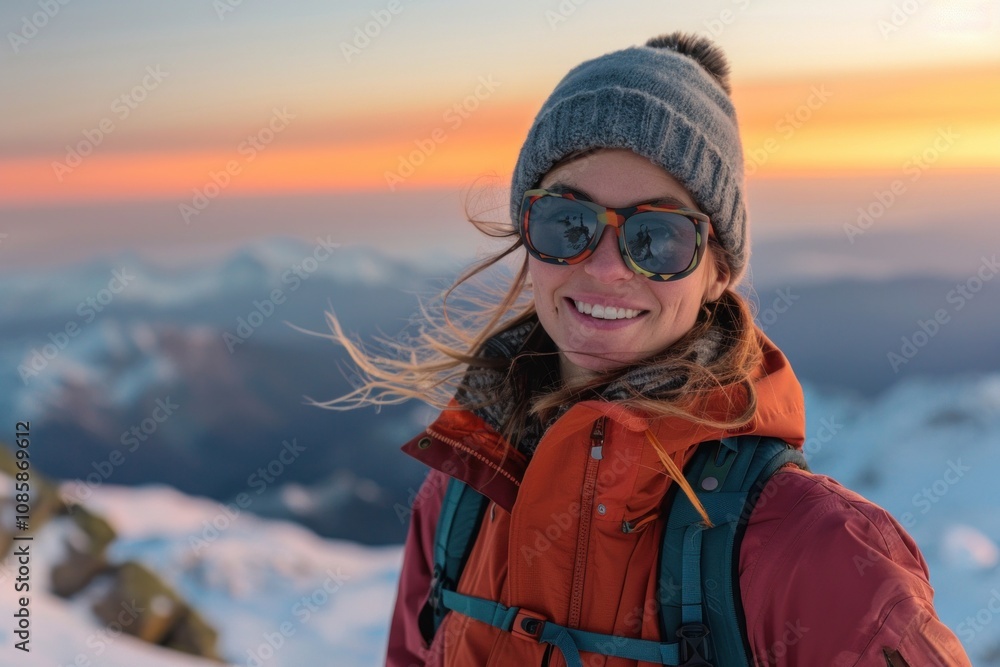Smiling hiker woman enjoying winter sunset mountain view Smiling hiker woman enjoying winter sunset mountain view