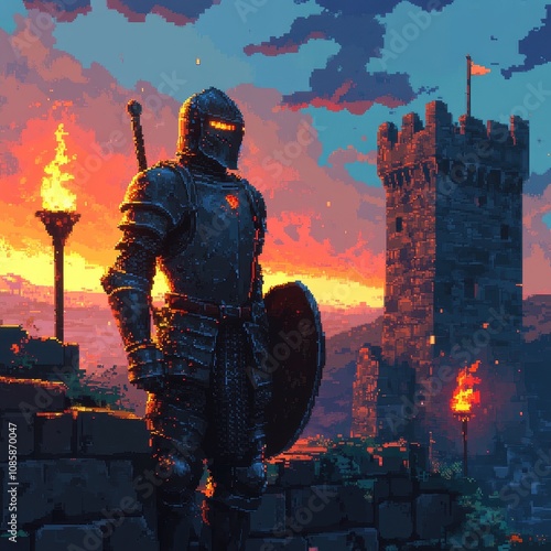 A Lone Knight Stands Guard at Sunset Near a Tower