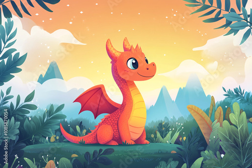 An Orange Baby Dragon Rests Amidst Lush Greenery