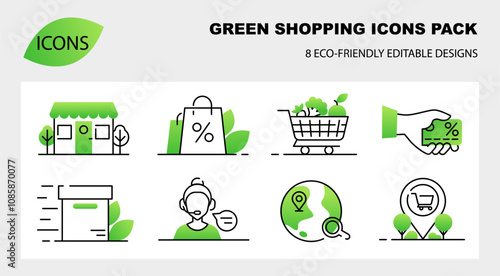 Eco Shopping Icons Set, Line art elements with green gradient 
