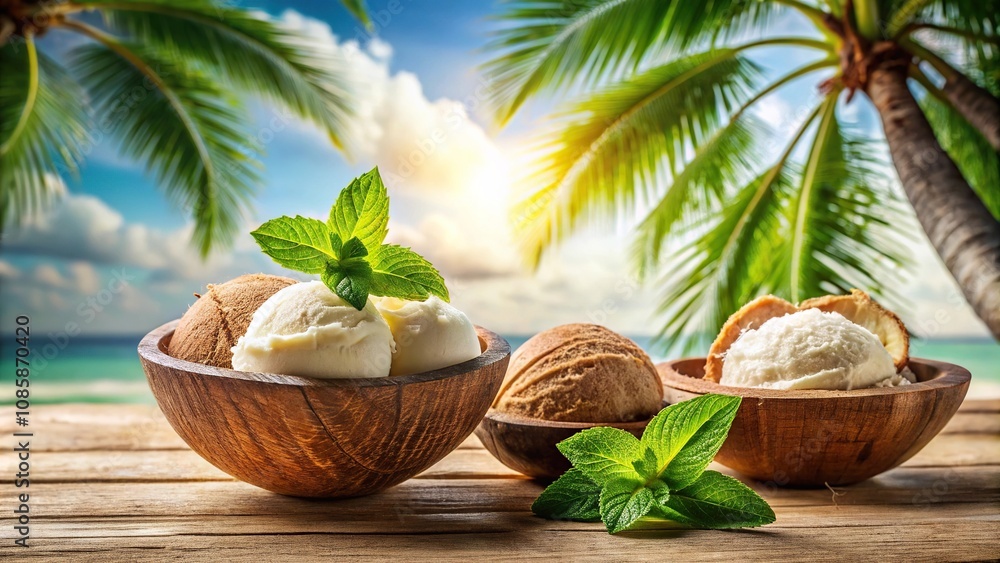 Obraz premium Coconut ice cream scoops in a coconut shell with fresh mint leaves on top